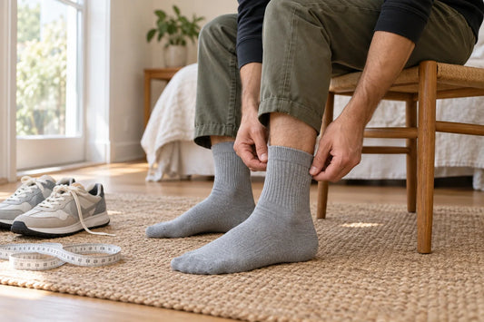 Person checking the heel fit of a plain grey crew sock beside sneakers and a measuring tape; illustrative scene, not MP product photography