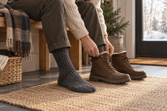 Person wearing charcoal knit socks while preparing brown boots beside a winter entryway; illustrative scene, not MP product photography