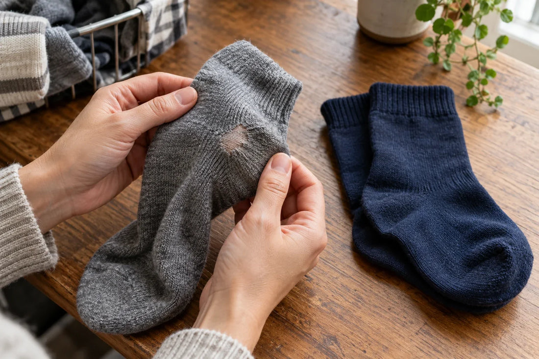 Hands examining a worn grey sock beside a neatly folded intact pair; illustrative scene, not MP product photography