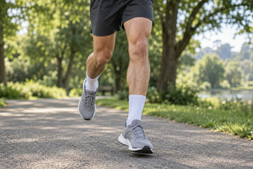 Runner wearing white socks on a park path