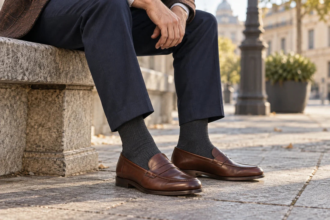 Charcoal crew socks worn with brown penny loafers and navy trousers on a city bench; illustrative scene, not MP product photography