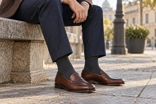 Charcoal crew socks worn with brown penny loafers and navy trousers on a city bench; illustrative scene, not MP product photography